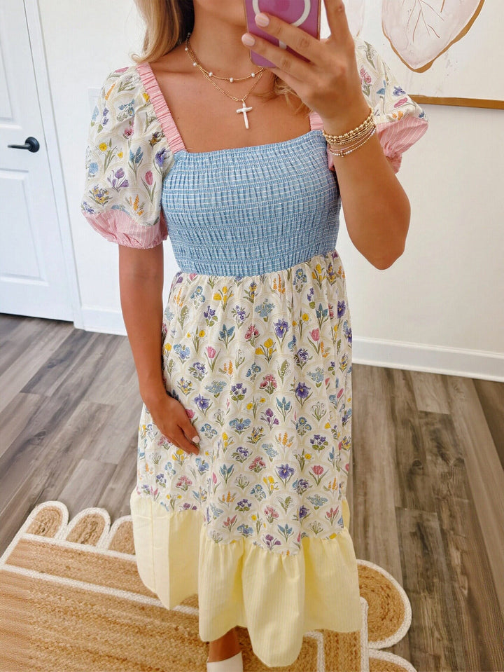 Smocked Puff Sleeve Floral Midi Dress
