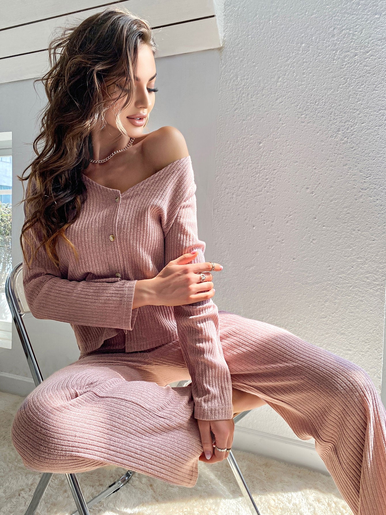 Soft Ribbed Button Down Lounge Set
