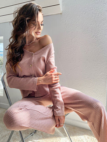 Soft Ribbed Button Down Lounge Set