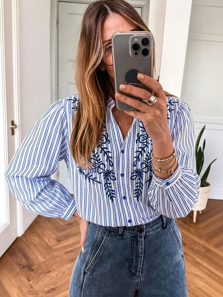 Embroidered Striped Button Down Shirt