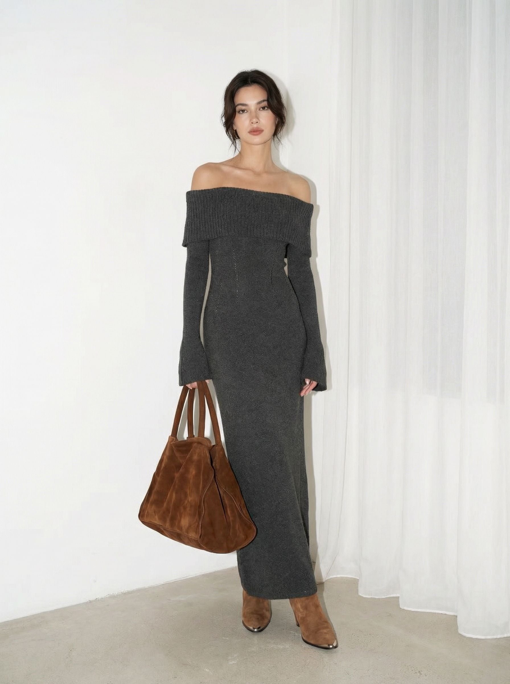 Off-Shoulder Ribbed-Knit Elegant Maxi Dress-Multicolor