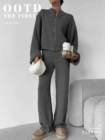 Cozy Ribbed Zip Up Pant Set