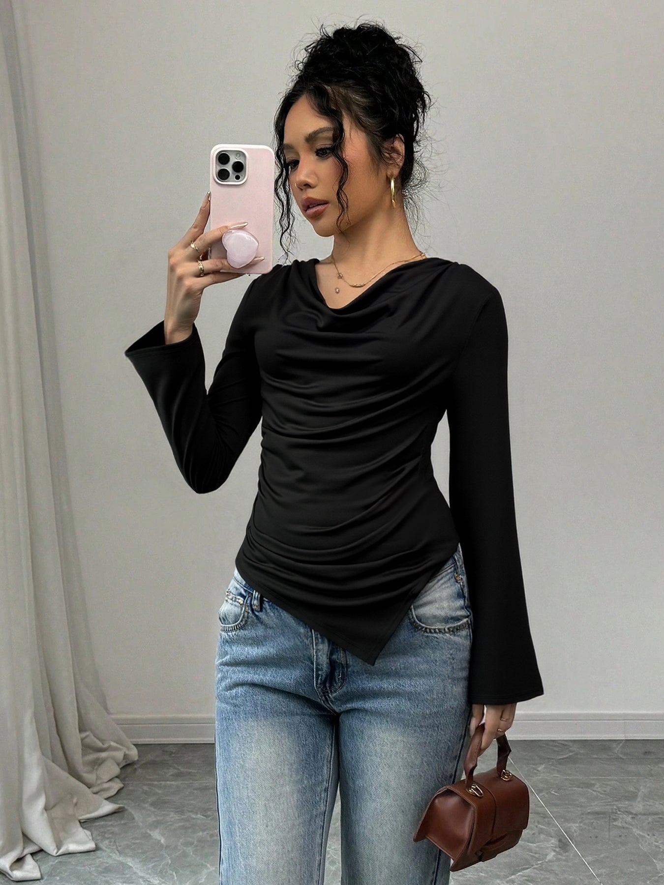 Elegant Cowl Neck Long Sleeve Top