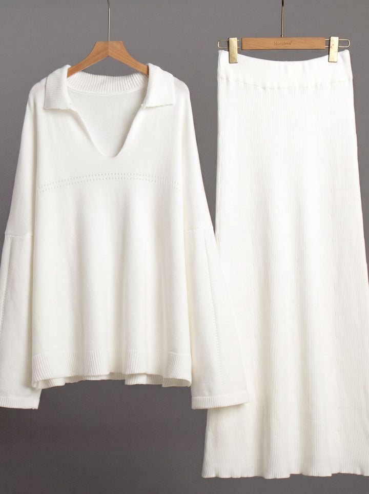 Cozy Collared Knit Sweater Skirt Set