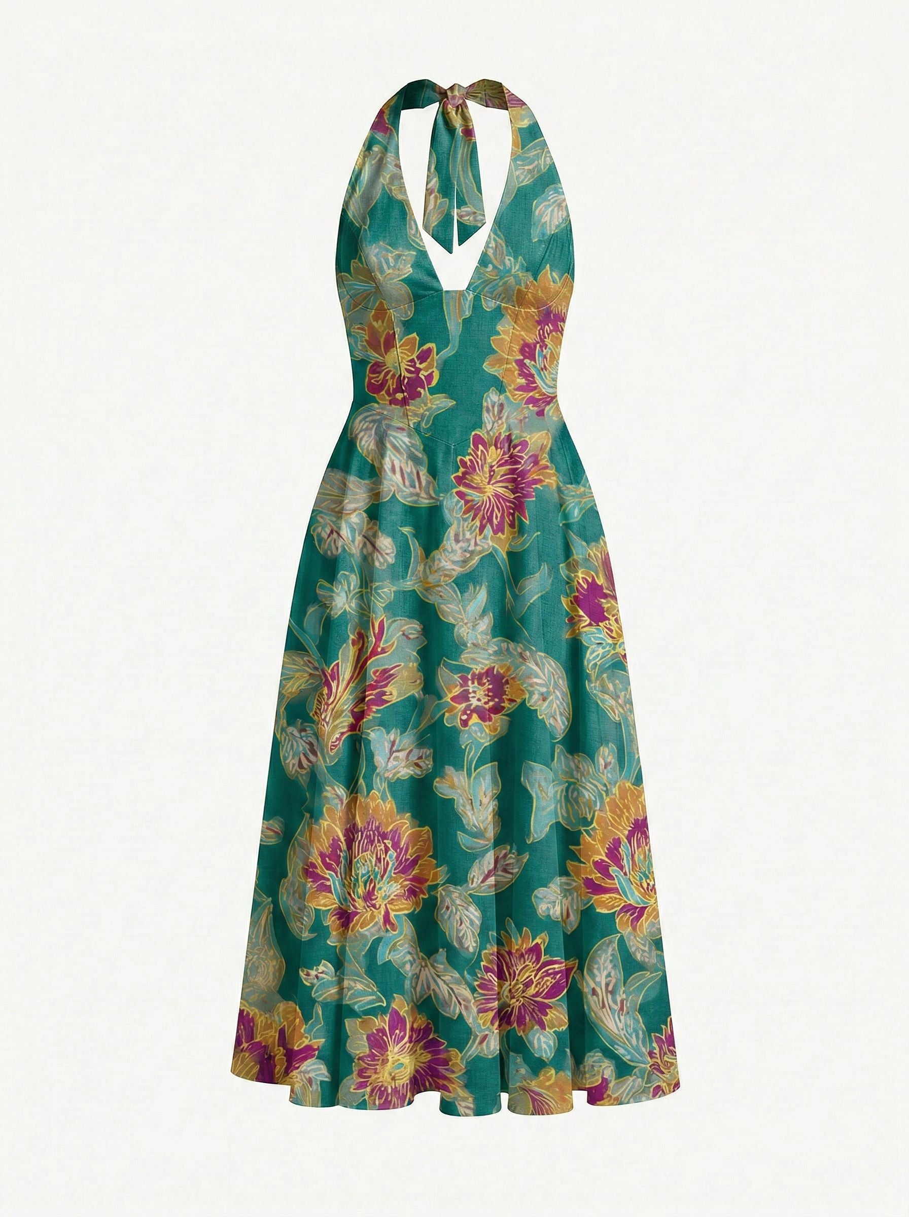 Floral Print Halter Neck Tie Back Midi Dress