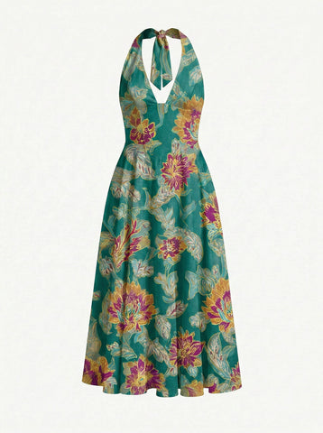 Floral Print Halter Neck Tie Back Midi Dress