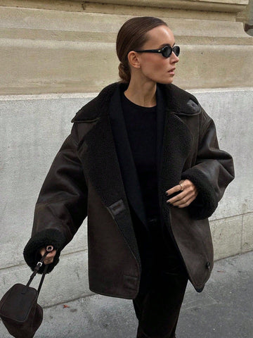 Oversized Faux Shearling Trim Coat