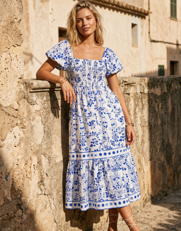 Smocked Floral Puff Sleeve Midi Dress