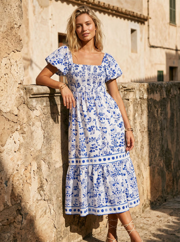 Smocked Floral Puff Sleeve Midi Dress
