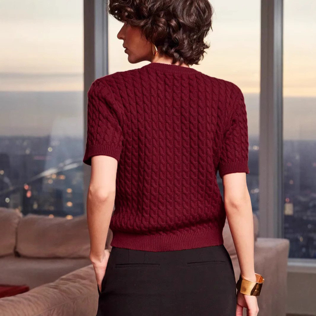 Cable Knit Short-Sleeved Casual Cardigan-Multicolor