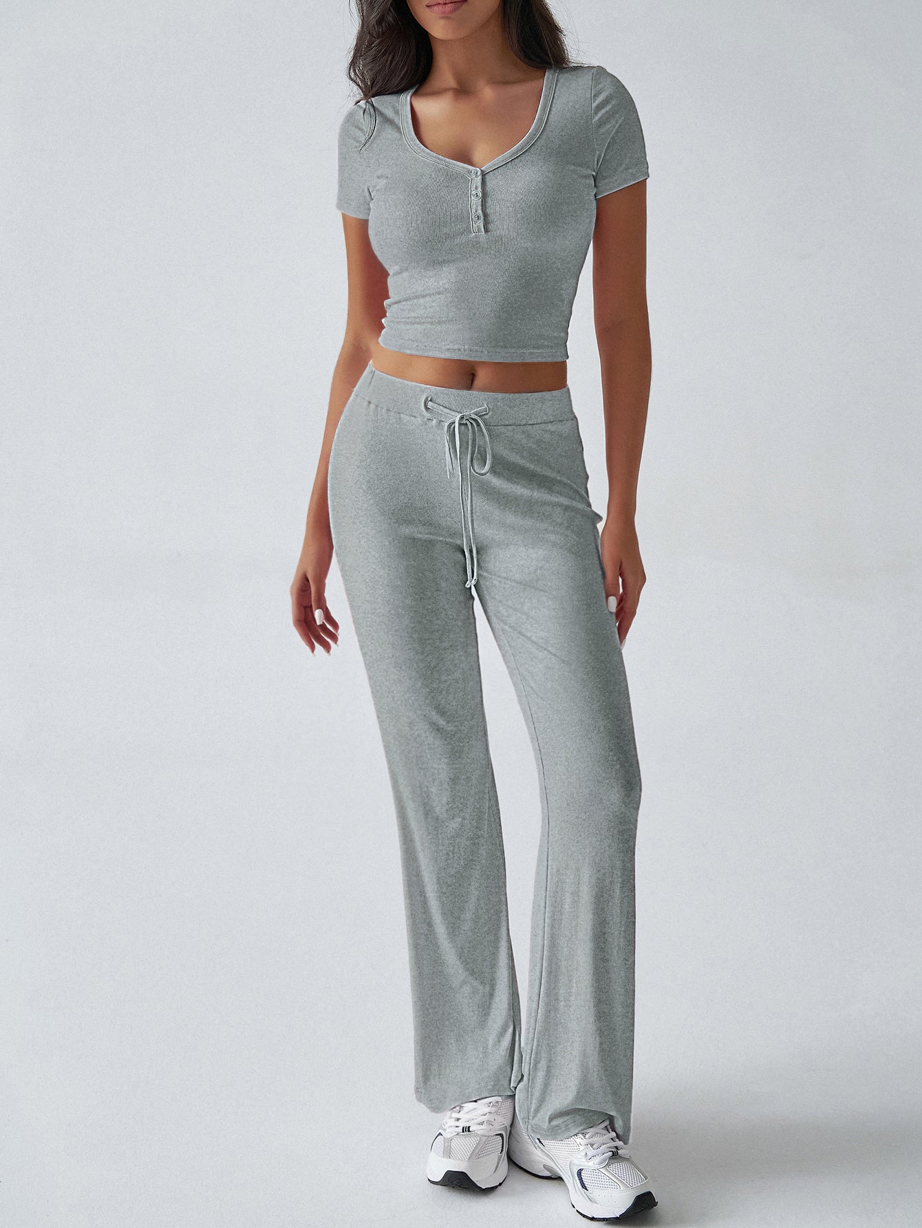 Short Sleeve Top High-Waisted Wide-Leg Pants Casual Set