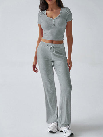 Short Sleeve Top High-Waisted Wide-Leg Pants Casual Set