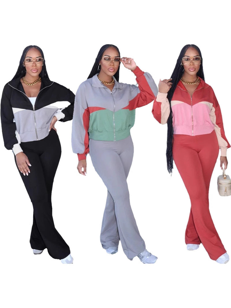 Colorblock Zip Up Flare Pants Set