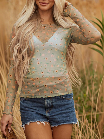 Sheer Floral Lettuce Edge Tee