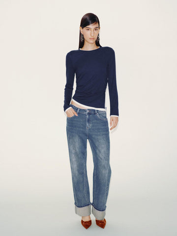 Urban Revivo 2 In 1 Cinched Waist Long Sleeve T-Shirts-Royal Blue