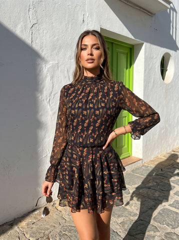 Floral Print Ruffled Chiffon Mini Dress