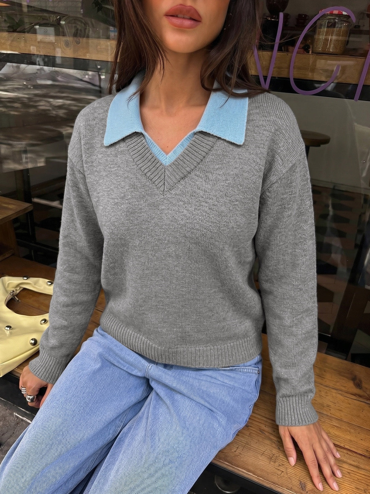 Contrast Collar V Neck Sweater