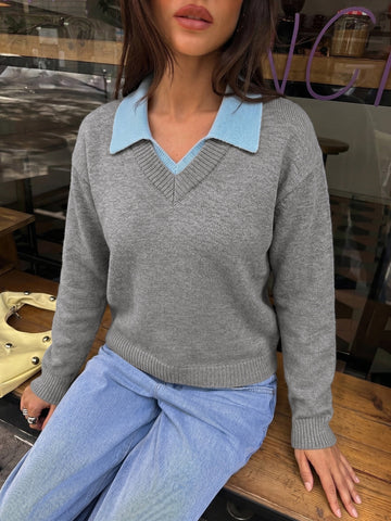 Contrast Collar V Neck Sweater