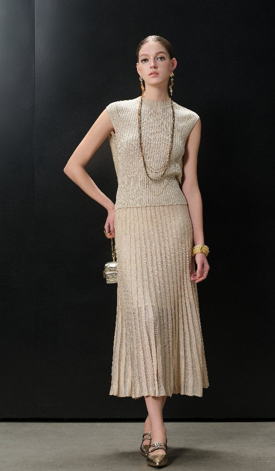 Metallic Shimmer Pleated Midi Skirt