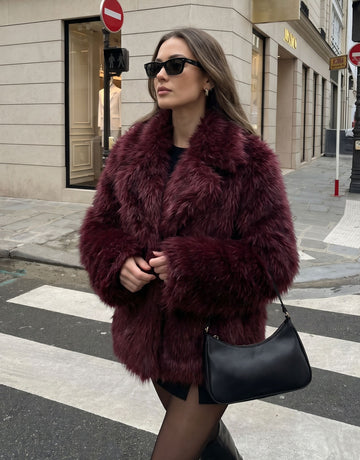 Luxury Plush Burgundy Faux Fur Coat