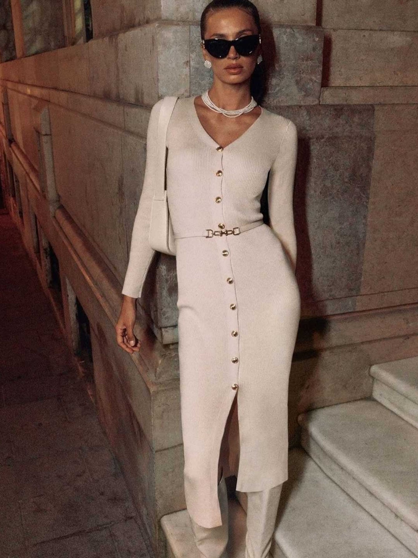 Elegant Button Down Ribbed Knit Dress