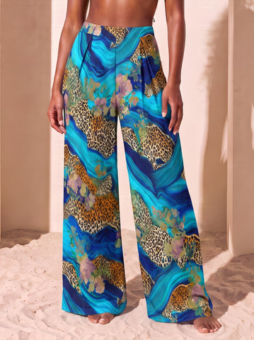Blue Marble Leopard Print Wide Leg Pants