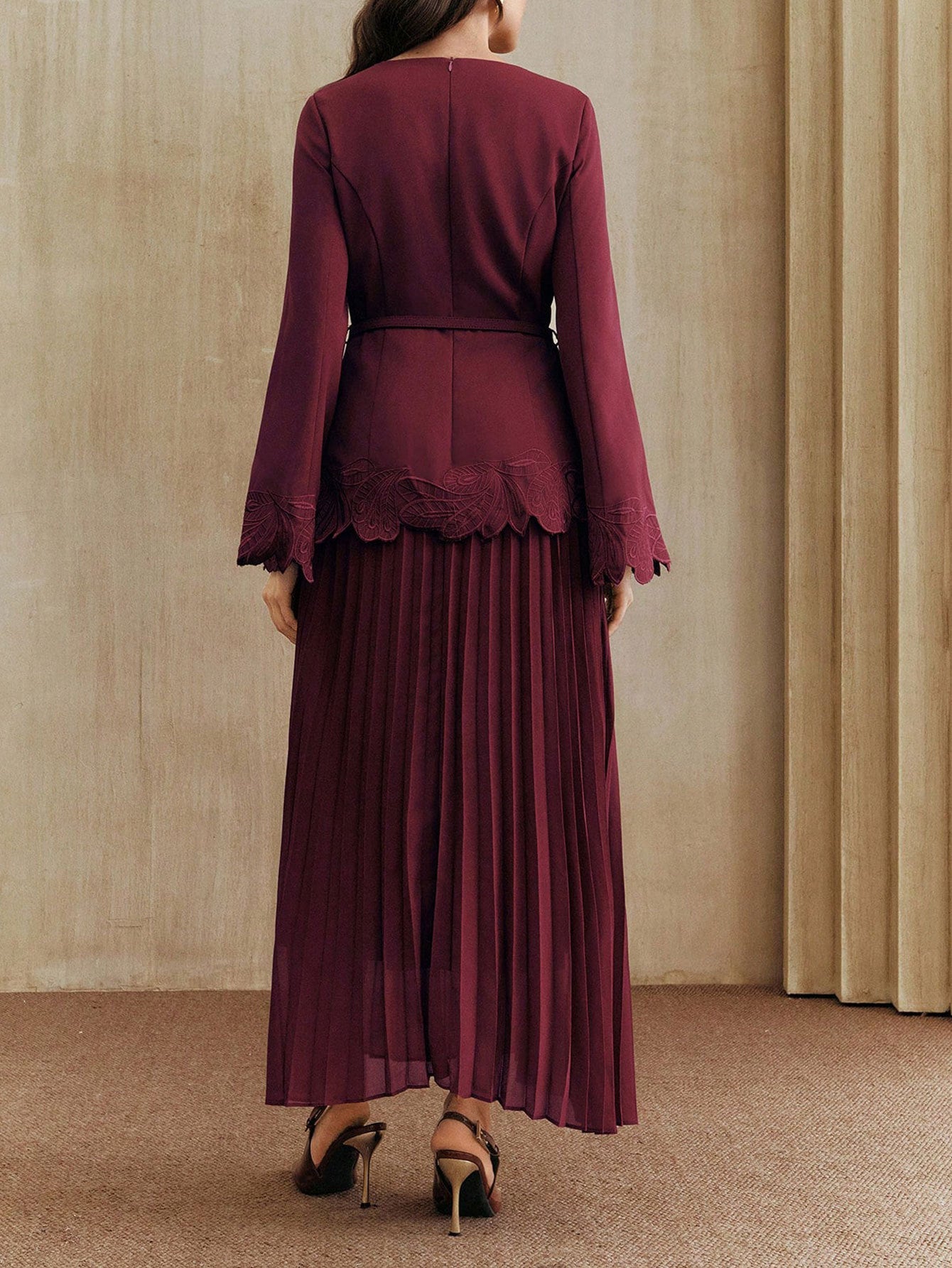 Embroidered Belted Pleated Midi Dress