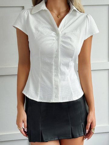 Fitted Ruched Short Sleeve Button Shirt