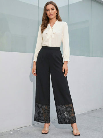 Lace-Hem High-Waisted Elegant Pants