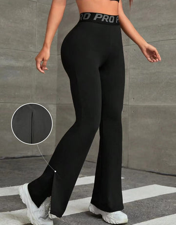 Lettered Waistband Wide-Leg Split-Hem Paneled Yoga Pants