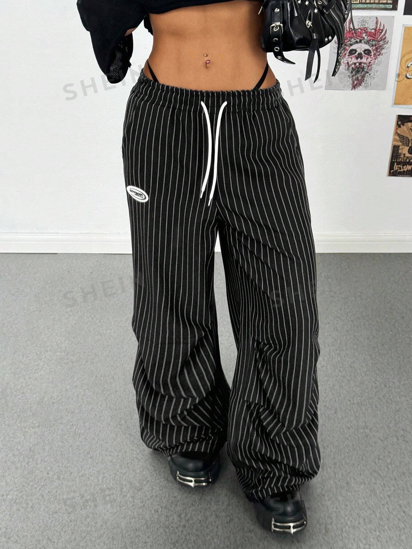 Pinstripe Drawstring Baggy Wide Leg Pants