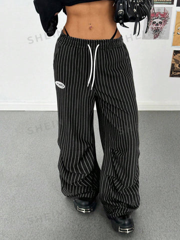 Pinstripe Drawstring Baggy Wide Leg Pants