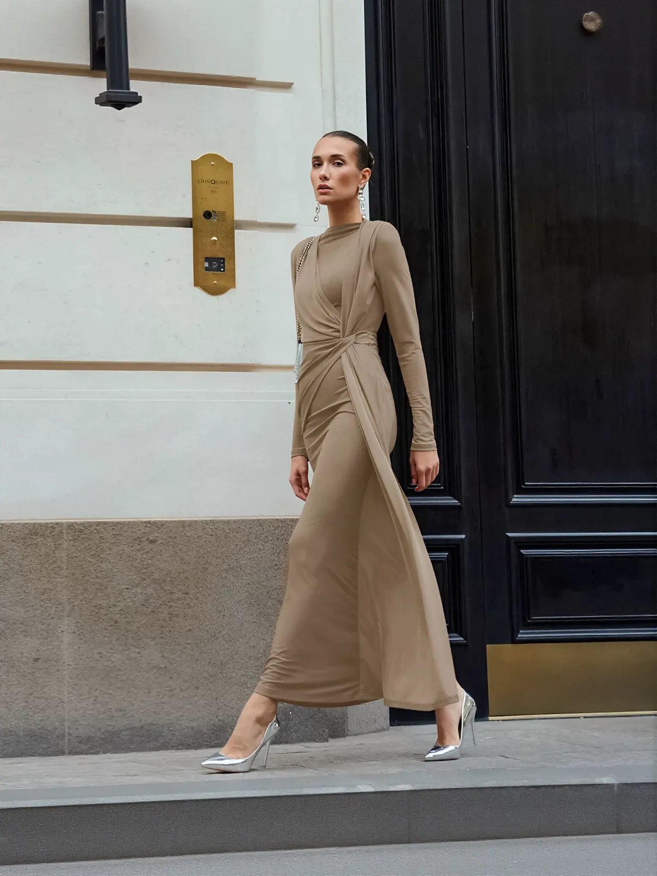 Elegant Draped Long Sleeve Maxi Dress