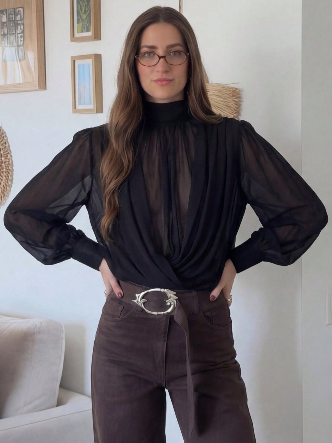 Elegant Draped Mock Neck Chiffon Blouse