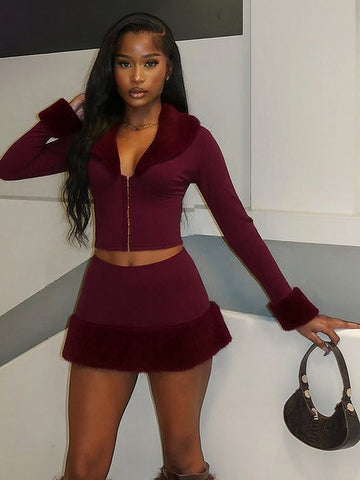 Faux Fur Trim Skirt Set