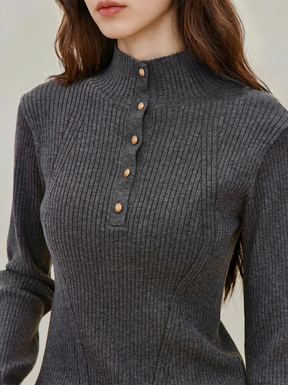 Button Mock Neck Ribbed Sweater