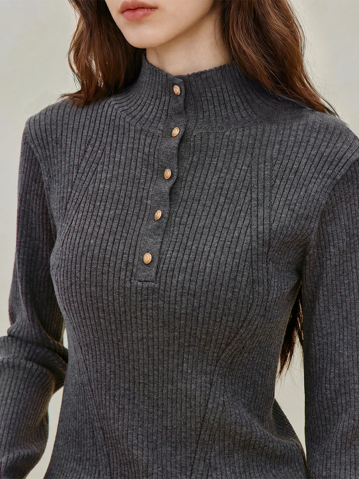 Button Mock Neck Ribbed Sweater