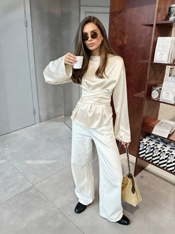 Satin Ruched Waist Long Sleeve Blouse