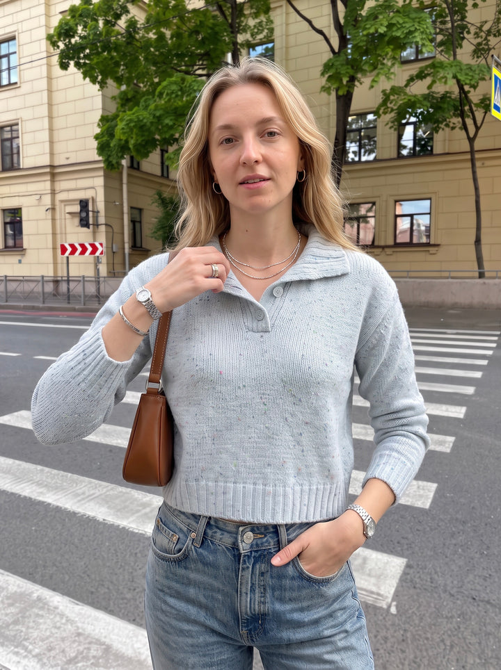 Cozy Speckled Collar Crop Sweater