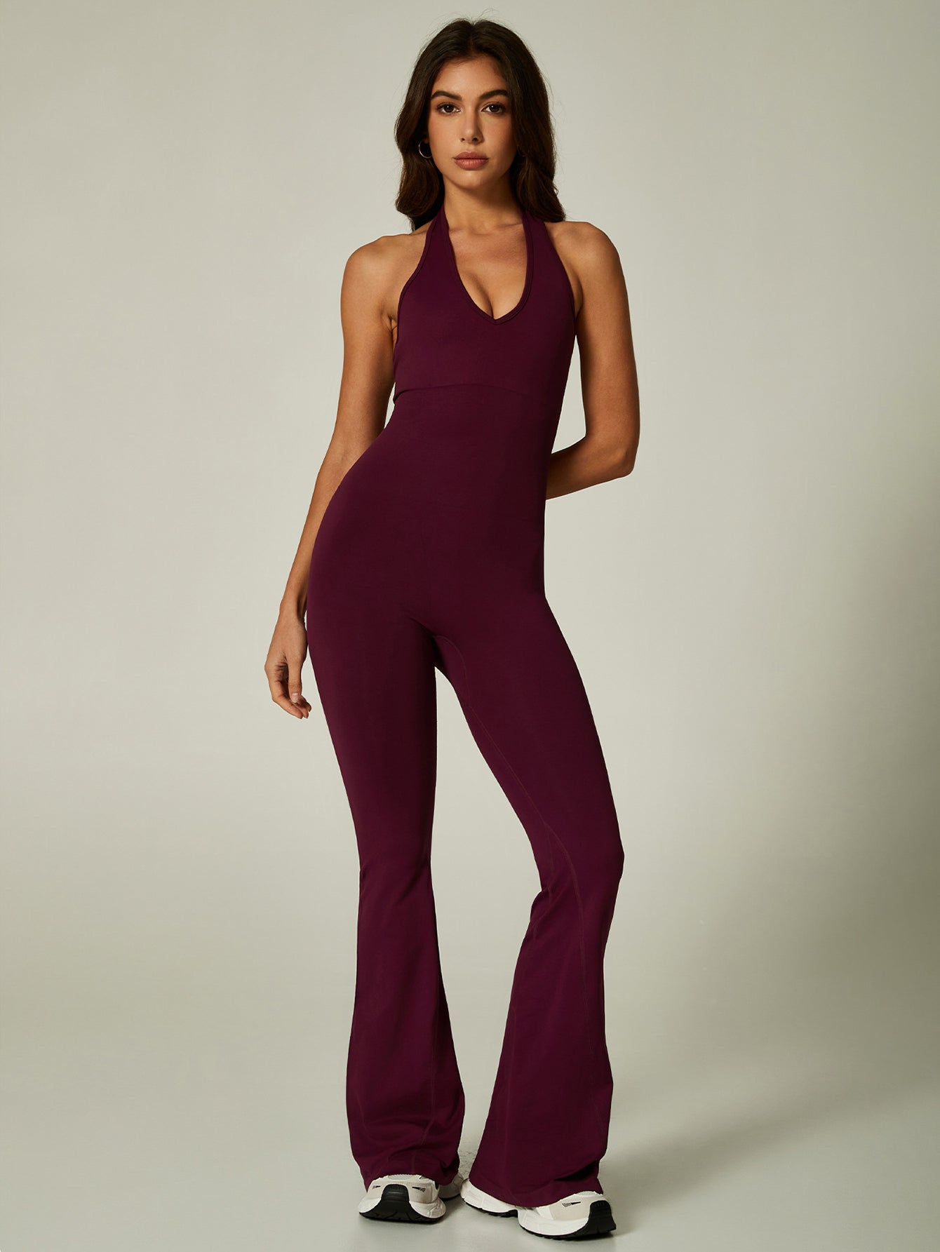 Halter Neck Flared Leg Elegant Yoga Jumpsuit-Multicolor