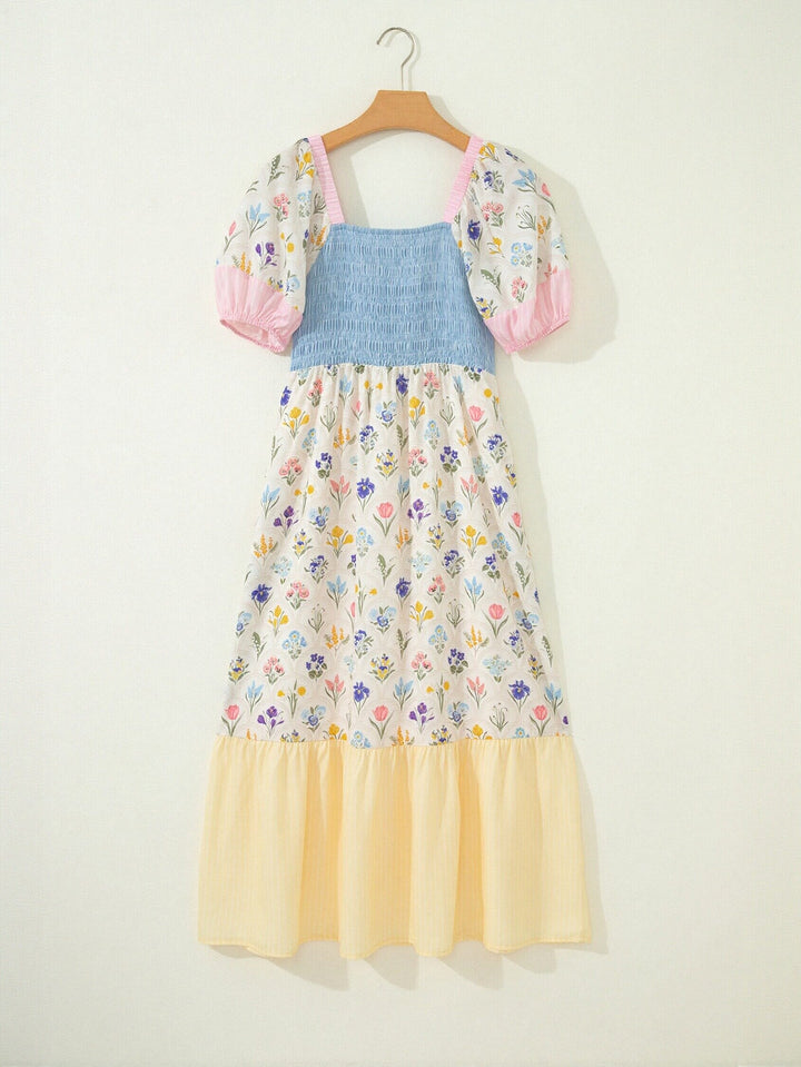Smocked Puff Sleeve Floral Midi Dress