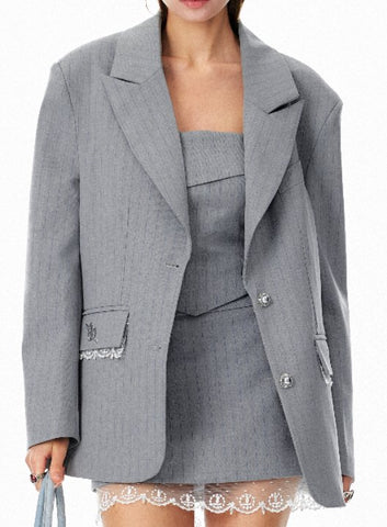 Oversized Pinstripe Lace Trim Blazer