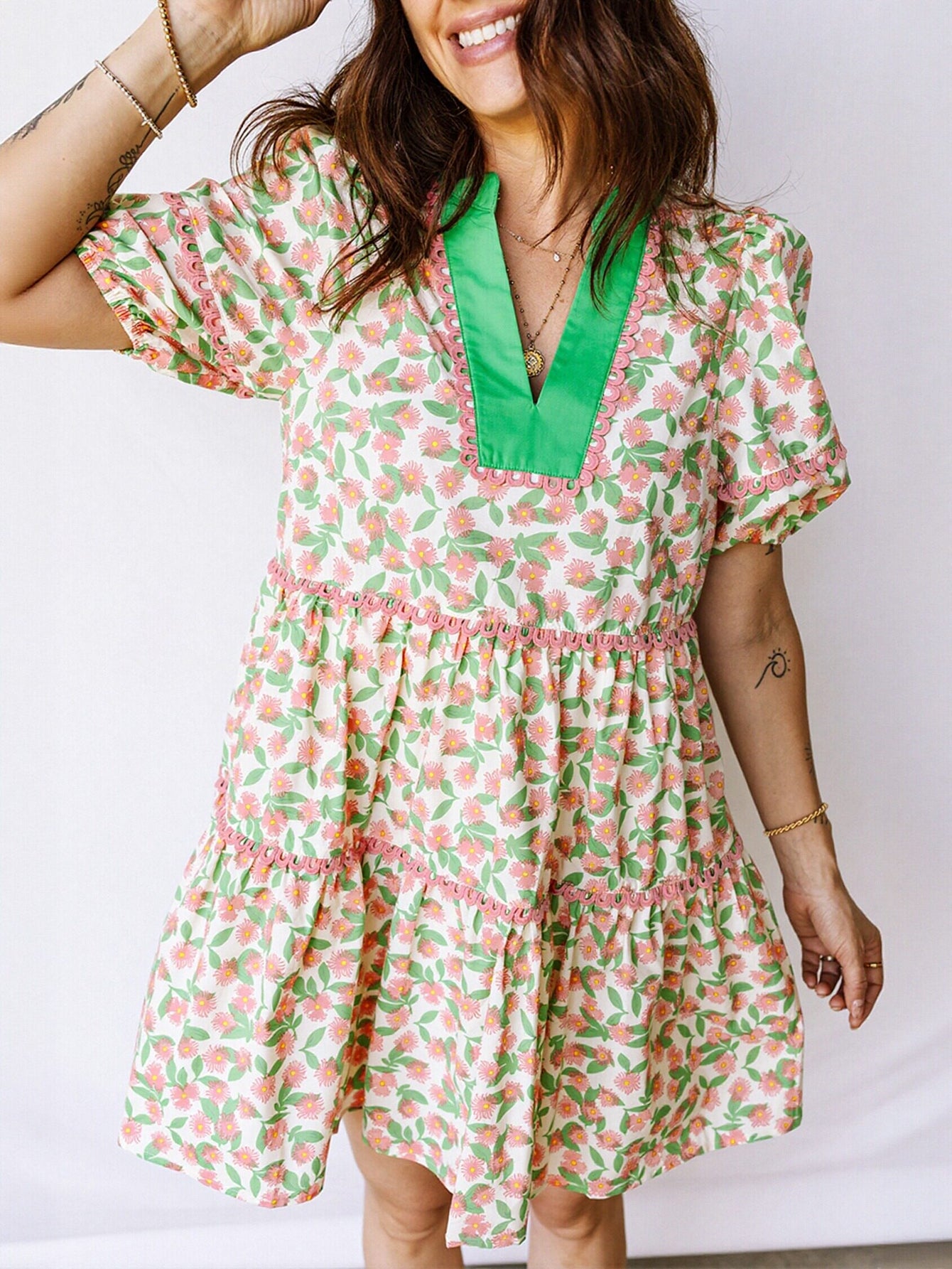 Floral Green Trim Mini Dress
