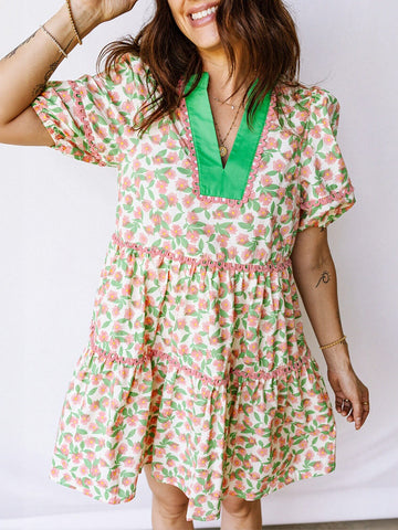 Floral Green Trim Mini Dress