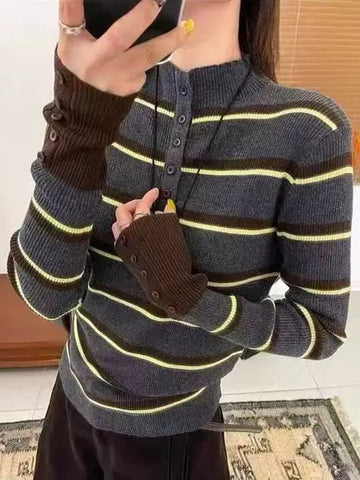 Striped Button Mock Neck Sweater