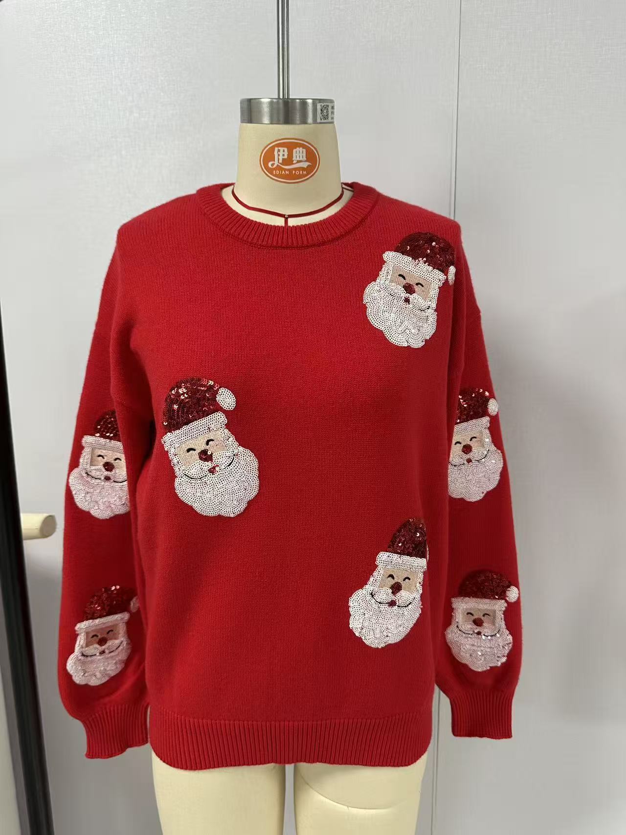 Festive Sequin Santa Christmas Pullover Sweater