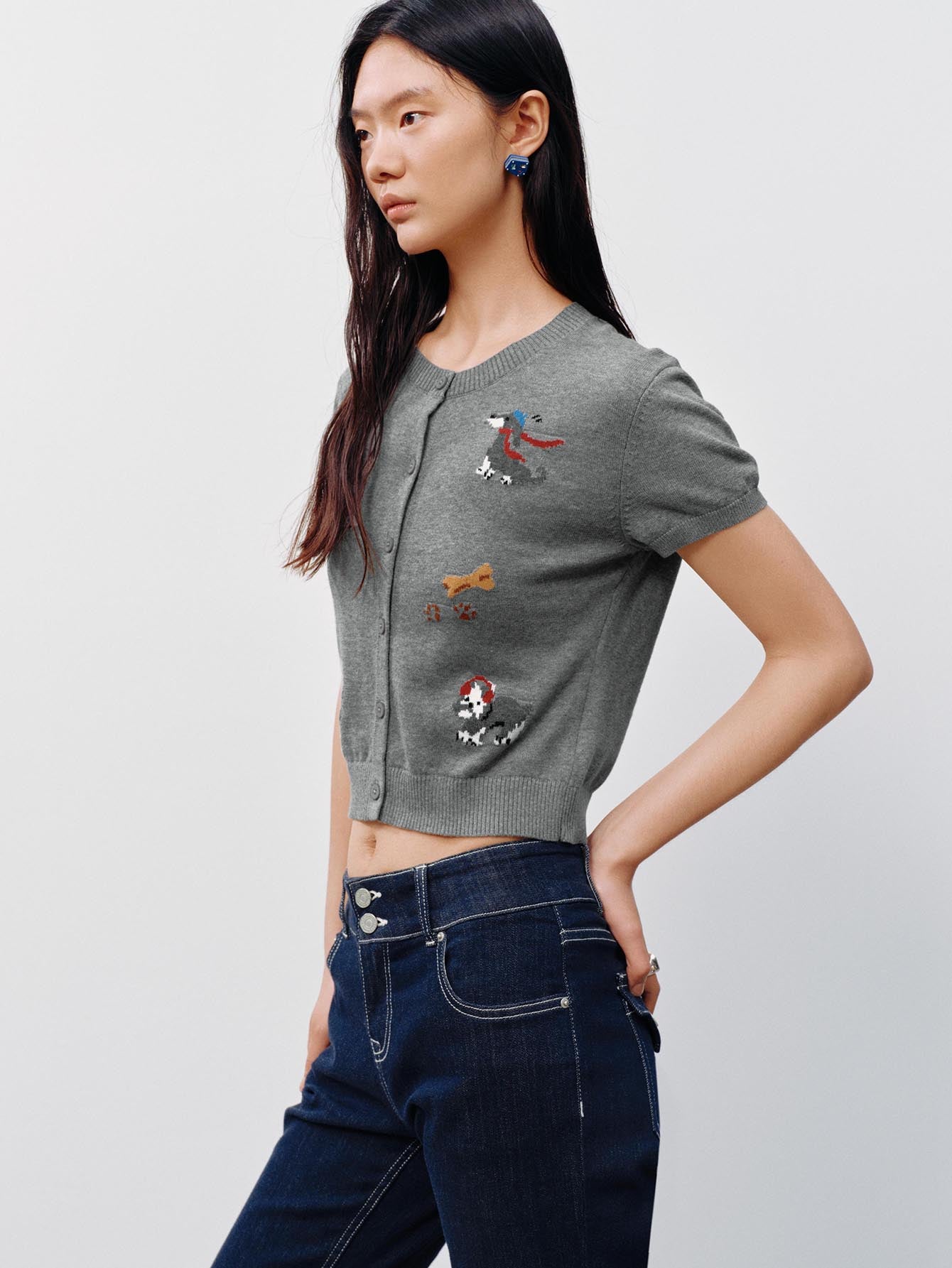 Urban Revivo Crew Neck Short Sleeve Intarsia Knitted Cardigans-Cool Grey