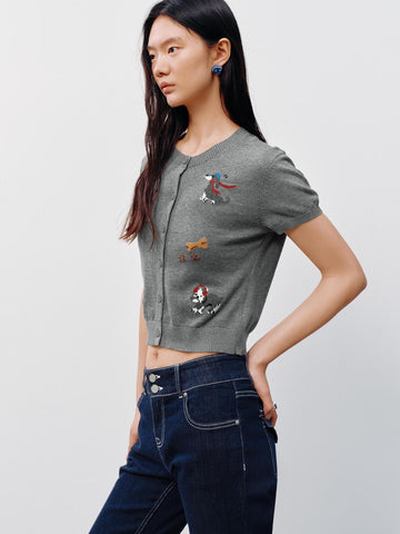 Urban Revivo Crew Neck Short Sleeve Intarsia Knitted Cardigans-Cool Grey