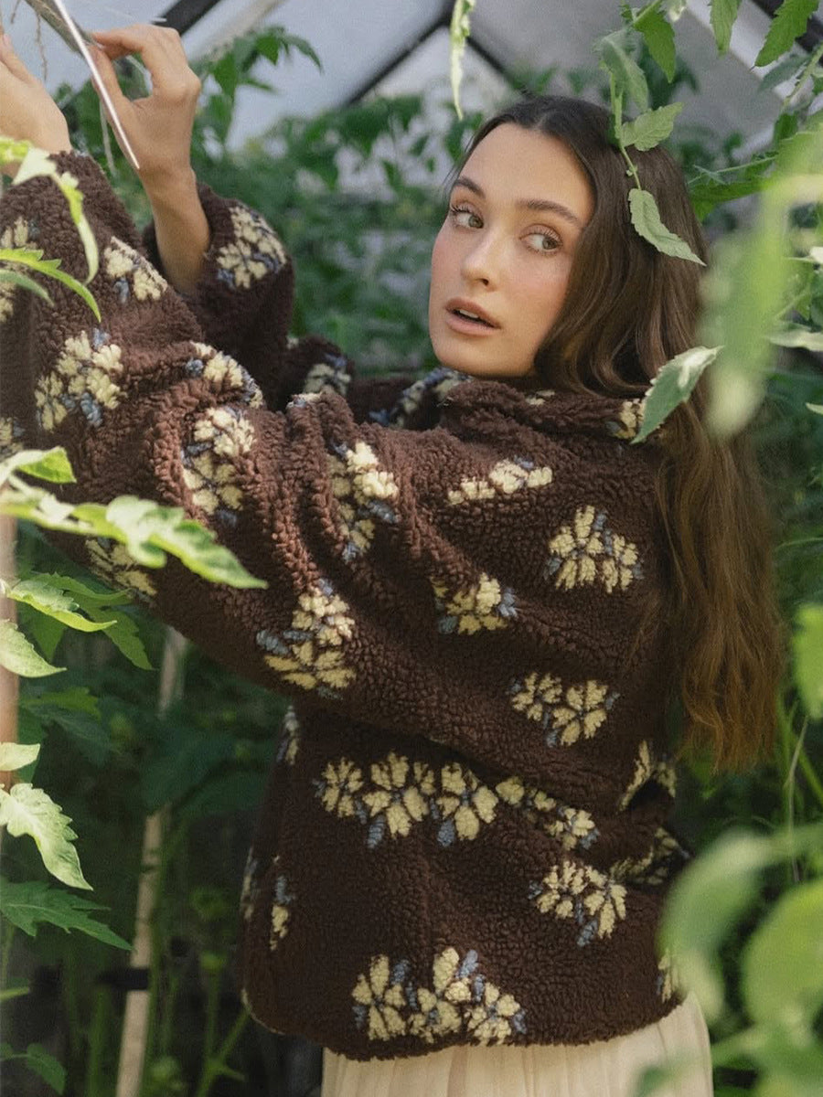 Cozy Floral Print Sherpa Pullover