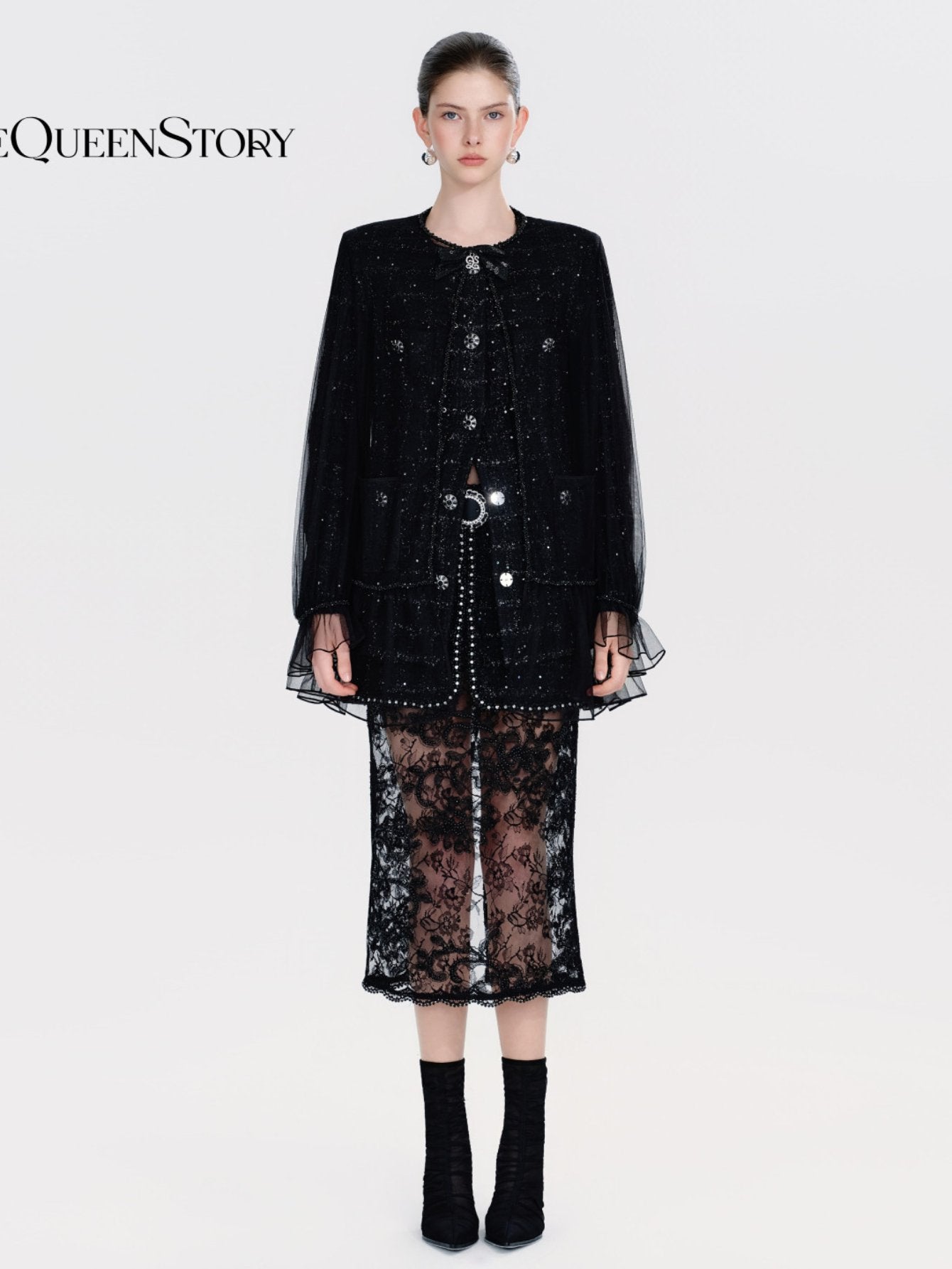 Shimmering Tweed Ruffle Trim Jacket